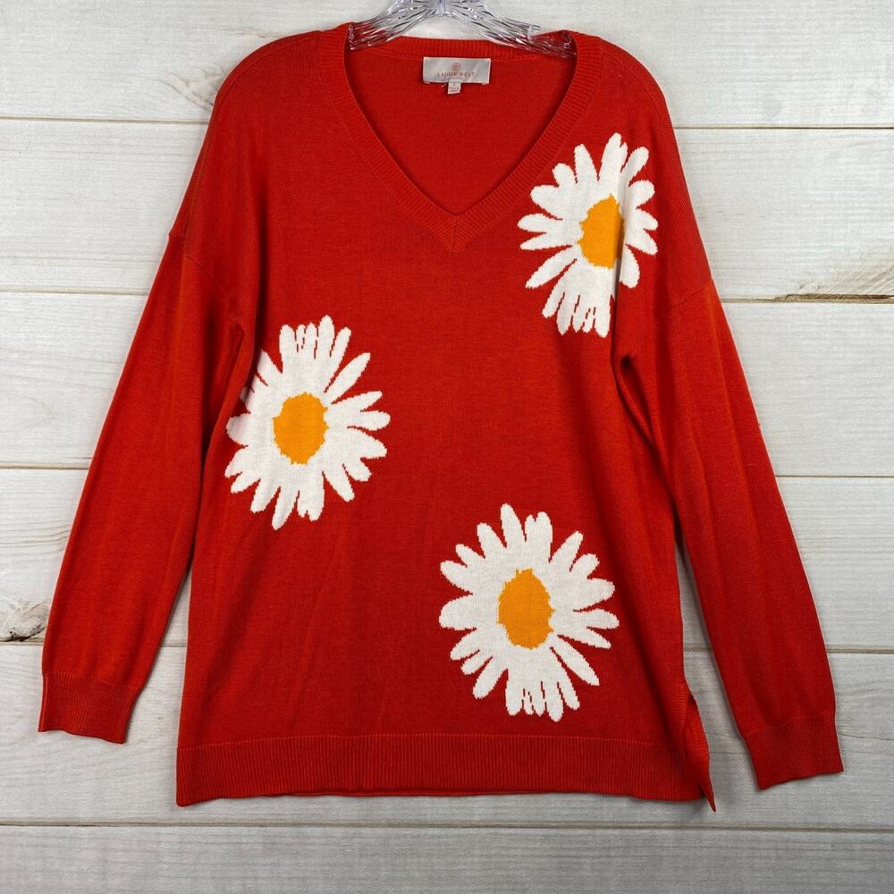 Laurie Felt Womens Sweater Sz S Rayon Cashmere Blend Orange Daisy Print V Neck